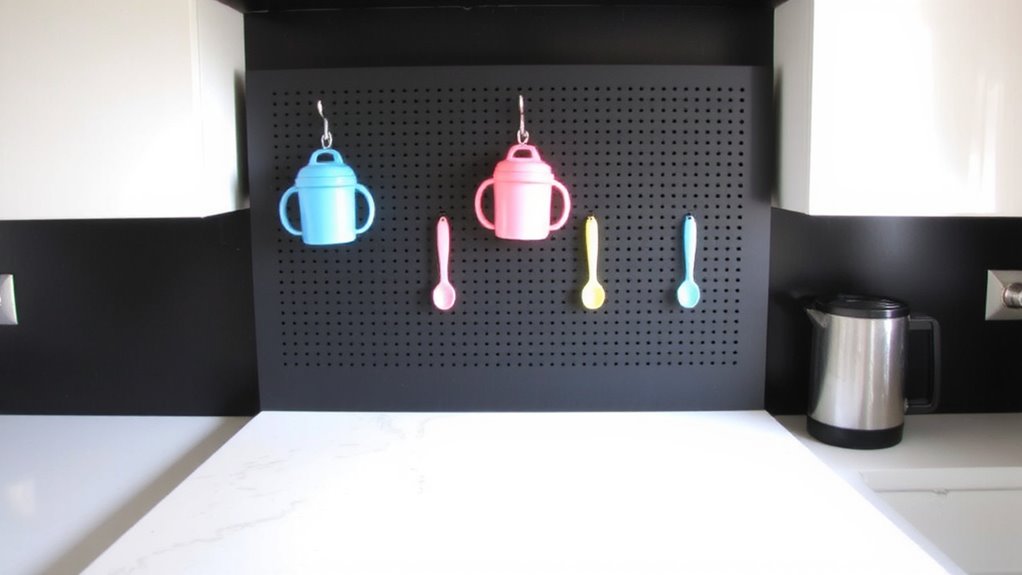pegboard organizes toddler kitchen gear