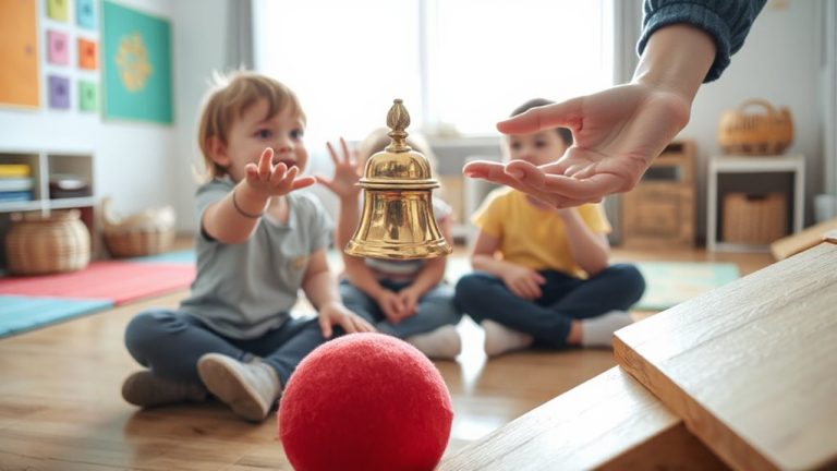 toddlers take turns ringing bell rolling ball